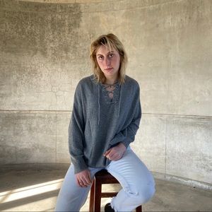 70s Inspired Grey Lace Up Sweater